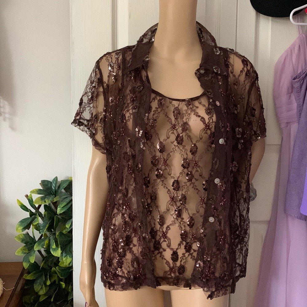 Vtg 90s Brown lace sequin beaded button down shirt & Tank top 2 piece Set L